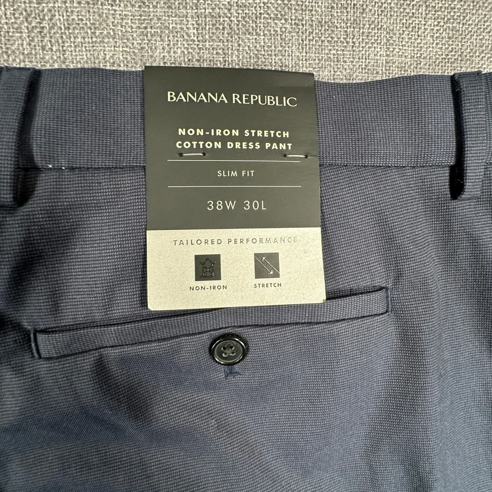 Banana Republic Slim Non-Iron Dress Pant Men 38x30 (Fits 38x29) Navy Stretch NEW